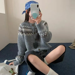 Bxoxo Fair Isle Sweater Cardigan Women Long Sleeve Button-Up Crewneck Knitted Jacket Cardi Female Knitwear Fall Winter Vintage Outfit