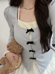 BXOXO Fashion Fake Two Piece Square Collar Tops Women Y2k E-Girl Slim Fit Bow T-shirts 2025 Spring New Long Sleeve Tee Shirt