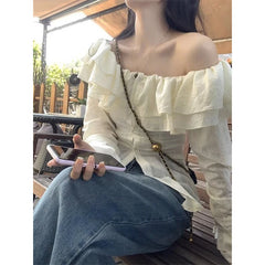 BXOXO Women Fashion Double Layered Ruffle Sexy Off Shoulder Shirts Casual Street Sweet Chic Blouse Female Solid Slim Long Sleeve Tops