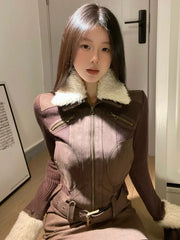 BXOXO Autumn Khaki Vintage Jacket Coat Women Lapel Lamb Trend High Street Warm Coat Female 2024 New Style Chic Slim Short Retro Coat