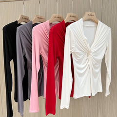 BXOXO Girls Cotton Twisted V-neck T-Shirts Tees Female Long Sleeve High Elasticity Elegant Stretchy Tshirt Tops For Women