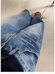 Bxoxo Vintage Rivet Women Jeans Y2k Harajuku Washed Wide Leg High Waist American Style Denim Pants Baggy Streetwear Trousers
