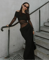 BXOXO Mesh Ruched Women Maxi Dress Sexy See Through Off Shoulder Long Sleeve Sheath Vestidos Female Midnight Party Solid Robe