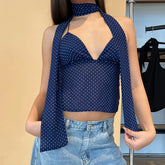 BXOXO Women Halter Neck Cami Tops Dot/Leopard Print Sleeveless Open Back Tie-up Crop Shirts with Scarf Summer Streetwear