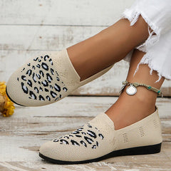 BXOXO Leopard Prints Knitted Loafers Women Breathable Mesh Shallow Flats Shoes Woman Lightweight Casual Slip-On Walking Shoes