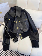 Bxoxo Black Pu Leather Crop Jacket for Women Y2K Fall Loose Streetwear Lapel Motorcycle Coats Korean Single Breasted All Match Outwear