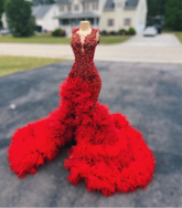 BXOXO Red Long Prom Dress For Black Girls Beaded Crystal Birthday Party Dresses Ruffles Evening Gown Mermaid High Slit Customized