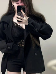 Bxoxo Y2K Black Coats for Women Korean Loose Elegant Double Breasted Lace Up Trench Jacket Ropa Mujer Streetwear Lapel Blend Outerwear