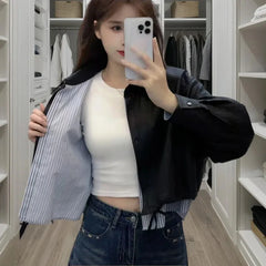 Bxoxo Vintage Patchwork Crop Jacket for Women Autumn Streetwear Splicing Pu Leather Outerwear Y2K Gothic Single Breasted Female Coat