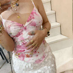 BXOXO Y2k Backless Tank Tops Women Elegant Chic Vest Ruffle Layers Crop Tops Fairy Coquette Boho Floral Print Mesh Sheer Camis