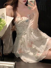 BXOXO Chiffon Dress for Women Long Sleeve Party French Style Dress Fairycore Floral Ruffles Square Collar New Spring Summer Dress