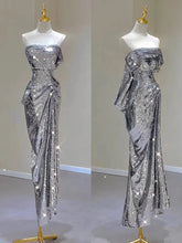 BXOXO Silver Shiny Cocktail Dresses Strapless Ruched Sleeveless Mermaid Sequins Light Luxury Red Carpet Woman Evening Prom Party Gowns