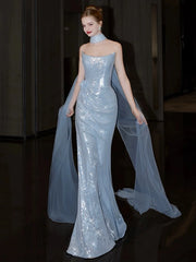 Bxoxo Blue Senior Evening Dress Shiny Sequins Off The Shoulder Sleeveless Mermaid Slim Trailing Backless Party Prom Celebrity Gown