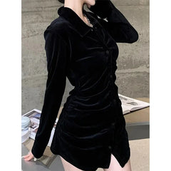 BXOXO Vintage Shirts Women Black Velvet Pleated Blouses Korean Elegant Folds Turn Down Collar Long Sleeve Slim Chic Casual Tops