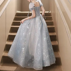 BXOXO Customized Crisscross Square Collar Prom Dresses Sequins Appliques Lace Up A-Line Short Sleeves New Slim Waist Formal Dress Woma