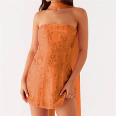 BXOXO Women Sequin Strapless Mini Dress with Scarf Y2K Rhinestone Sleeveless Off Shoulder Dress Sexy Backless Club Party Dress