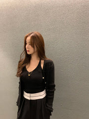 Bxoxo Chic Autumn New Vintage V-Ne Knitted Vest And Ele Sweater Cardigan Two-Piece Set Polyester Fiber Commute Sle