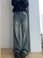 Bxoxo Women Streetwear Striped Jeans Vintage High Waist Design Y2K Denim Pant Casual American Hip Hop Harajuku Wide Leg Trousers Fall
