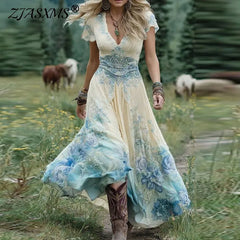 Bxoxo Sexy Retro Ethnic V Neck Long Dress Woman Elegant Boho Print A-Line Spliced Maxi Dress Summer Short Sleeve Holiday Evening Dress