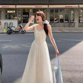 Bxoxo French Gentle Style Lace Trim V-Neck White Strapless Dress Women's Waist-Cinching Vacation Beach A- Line Midi Dress