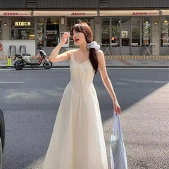 Bxoxo French Gentle Style Lace Trim V-Neck White Strapless Dress Women's Waist-Cinching Vacation Beach A- Line Midi Dress