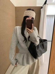 Bxoxo Ruffles Patchwork Knitted Sweater Women Autumn Japanese Button Splicing Casual Pullover Female Solid Simpl All Match Knit Jumper