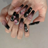BXOXO Black Y2K Press on Nails Long Coffin Pink Fake Nails with Diamond Designs Gradient Color Wearable False Nail for Women New