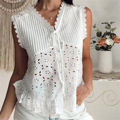 BXOXO Boho Women Tank Tops Hollow-Out Buttons Tie-Up Front V-Neck Casual Vests Summer Sleeveless Tops Vintage Streetwear