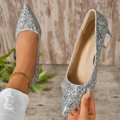 BXOXO Silver Glitter Thick Heels Pumps Women Luxury Pointed Toe Party Wedding Shoes Woman Plus Size 42 Shallow High Heels Pumps Ladies