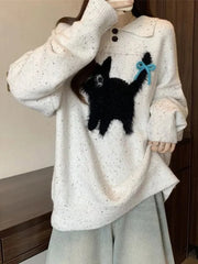 Bxoxo Cute Cartoon Bow Sweaters Women Loose Vintage Long Sleeve Kawaii Knitted Jumper Japan Casual Preppy Style Retro Pullovers