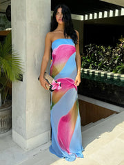 BXOXO Floral Print Strapless Sexy Maxi Dress For Women Gown Patchwork Off-shoulder Backless Sleeveless Print Long Dress