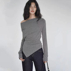 Bxoxo Sexy Slash Neck T Shirt Women Autumn Fashion Irregular Slim Long Sleeve Tops Y2K Korean Chic Folds All Match Female Tees New