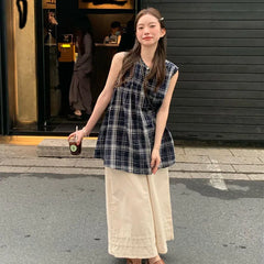 Bxoxo Japanese Sweet Plaid Shirt Women Summer Chic Patchwork Sleeveless Blouse Female New Loose Streetwear All Match O Neck Tops