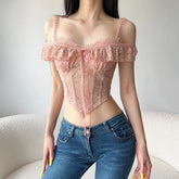 Bxoxo Cute Coquette Pink Corset Top Sweet Sexy Lace Transparent Crop Tops with Ruffles y2k Aesthetic Solid Tees Ladies Elegant