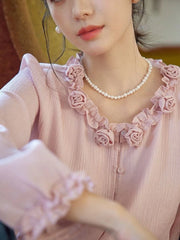 Bxoxo Elegant 3D Floral Blouse Women Vintage Sweet O Neck Long Sleeve Shirt Fall French Retro Casual Female Ruffles All Match Pink Top