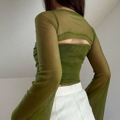 Bxoxo Aesthetic Vintage Women 2 Piece Sets Green Strapless Tank Top With Sexy Mesh Sheer Flare Long Sleeve Shawl Street Outfit