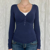 BXOXO Vintage Embroidery Top-stitching Breasted Long Sleeve Tee