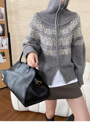 Bxoxo Women Fair Isle Sweater Zipper Front Collared Zip-up Sweater Knit Jacket Cozy Knitwear Teen-girl Fall Winter Vintage Outfit