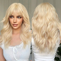 BXOXO Long Wavy Blonde Synthetic Wigs Platinum Daily Natural Hair Wigs With Bangs Cosplay Wig for Women Heat Resistant