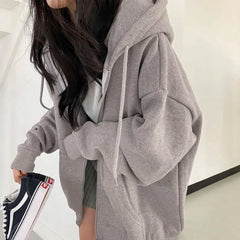BXOXO Women Hoodies Solid Color Zip Up Pocket Oversized Harajuku Korean Sweatshirts Female Long Sleeve Hooded Streetwear Casual Top