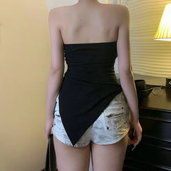 BXOXO Star-shaped Rhinestone Slit Crop Top Asymmetric Drawstring Lace-up Strapless Tube Tops for Women y2k Aesthetic Summer Tee