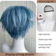 BXOXO 8 Inch Synthetic Mens Wigs Short Tin foil hot Blue Bangs Wig Heat Resistant Youth trend For Male Boy Cosplay Daily Party