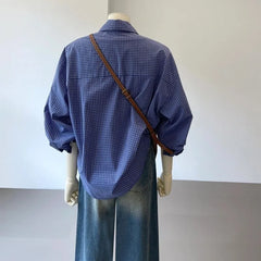 Bxoxo Blue Basic Vintage Plaid Women's Shirts Harajuku Long Sleeve Korean Fashion Blouses Loose Casual Commuting Youthful