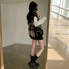 BXOXO Plaid sweater pullover vest female students wear winter Korean loose retro V-neck sleeveless knitted pullover vest sweater top