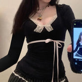 BXOXO Y2K Lace Patchwork Top Contrast Color Women Autumn Spring Ribbon Lace-up Bow Coquette T-shirts Cute Causal Basics Tees