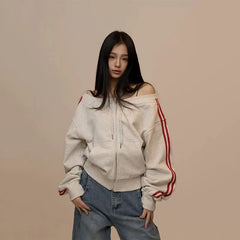 Bxoxo Sexy Slash Neck Long Sleeve Women Cardigan Y2K Streetwear Slim Zipper Female Coats Autumn American Striped Crop Hoodies Mujer