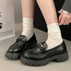 BXOXO Chunky Heel Platform Metal Chain loafers Women Pumps Black round toe small leather shoes Female Casual Retro JK Uniform shoes