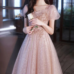 BXOXO Customized Sweet Temperament Square Collar Puff Sleeve Birthday Party Dresses Front Floral Beading Embroidery Robe Simple Lurex