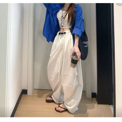 Bxoxo White Basic High Waist Wide Leg Women Pants Solid Color Korean Fashion Parachute Trousers Baggy Lace Up Youthful Summer