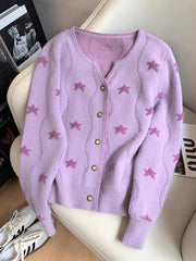 Bxoxo Stars Print Vintage Cardigan Women Casual Cute Long Sleeve Loose Knitted Sweater Korean Retro O Neck Female Purple Tops New
